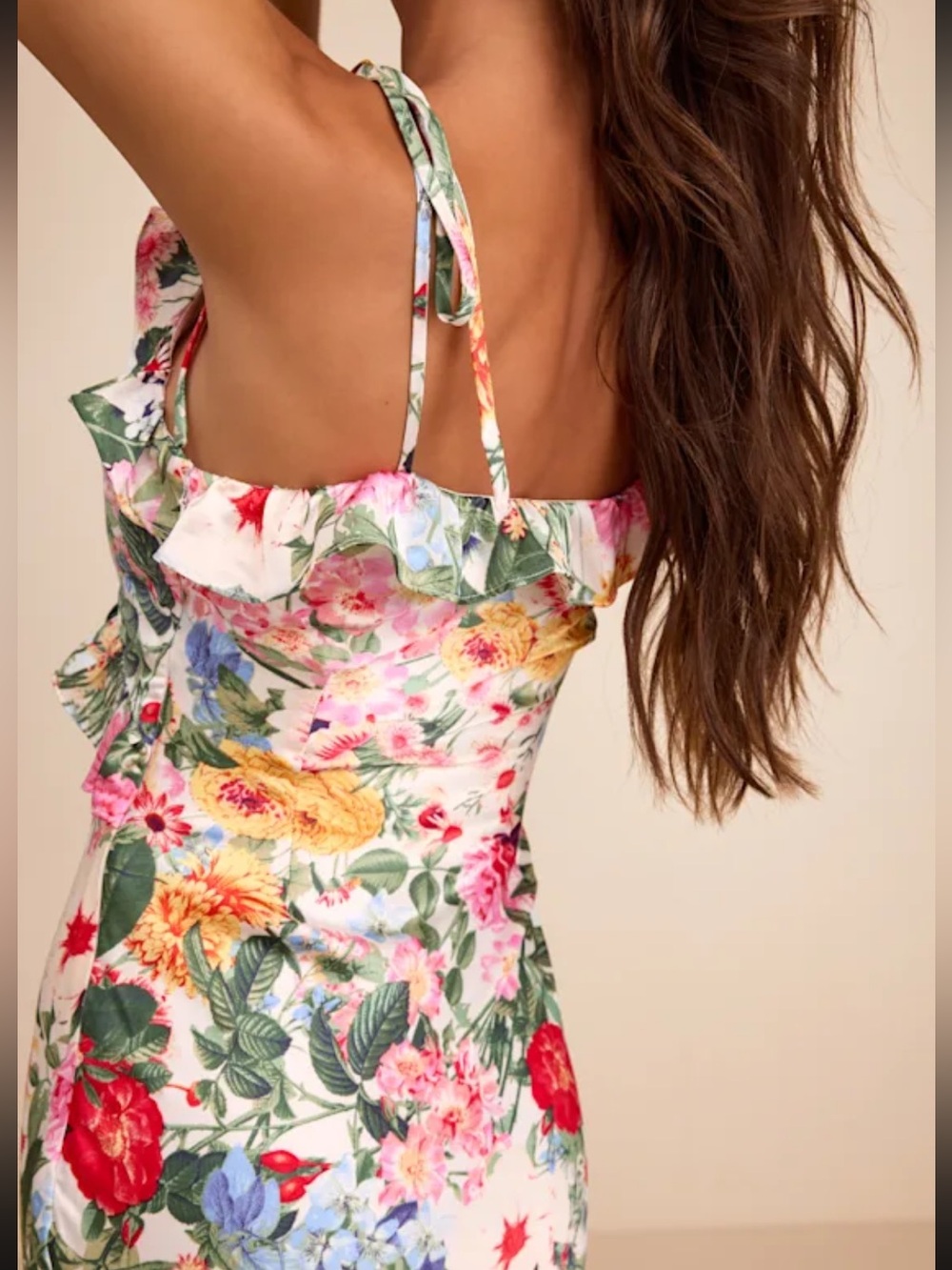 Lulus Clelia Ivory Multi Floral Satin Ruffled Tie-strap Midi Dress White - Picture 3 of 5